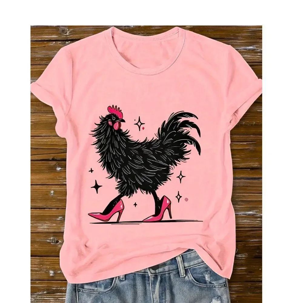 NWT Black Rooster In Pink Heels T-Shirt Relaxed Fit Crew Neck & Short Sleeve